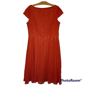 Evan Picone Black Label Orange Lace Capsleeve Shift Dress, Size 14